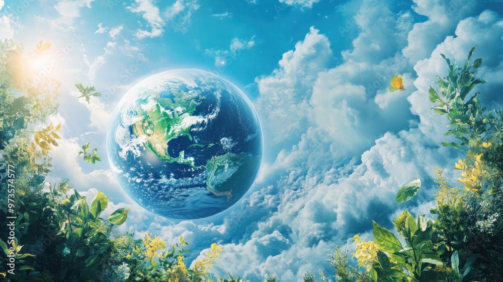 A view of the Earth as seen from a lush forest with a bright sun and fluffy clouds. A view of the Earth as seen from a lush forest with a bright sun and fluffy clouds.