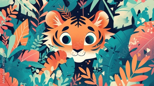 Colorful poster illustration featuring an adorable tiger surrounded by tropical plants in a playful cartoon style Ideal for textiles wallpapers and other creative jungle themed projects Vector form photo