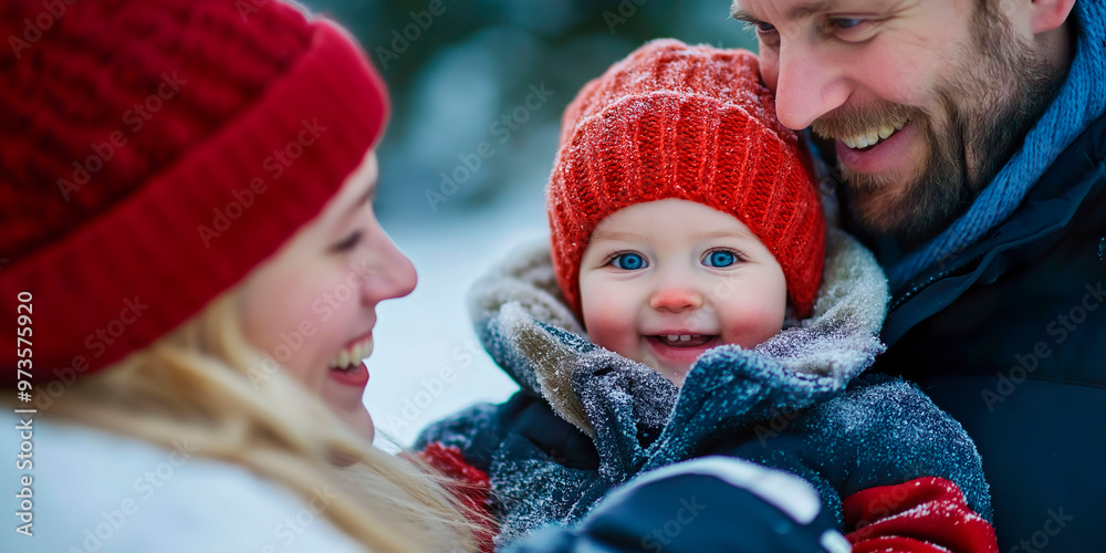 Obraz premium Couple with their baby, in winter. Exterior