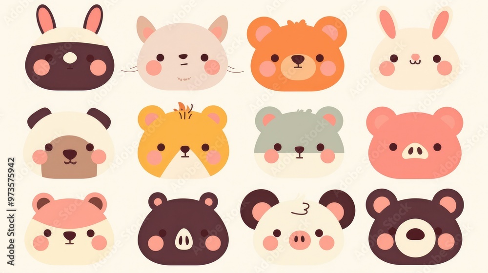 Collection of adorable animal faces featuring a rabbit giraffe bear and pig Ideal for baby cards invitations nursery decor and apparel Modern vector illustration in a playful cartoon style Collection of adorable animal faces featuring a rabbit giraffe bear and pig Ideal for baby cards invitations nursery decor and apparel Modern vector illustration in a playful cartoon style