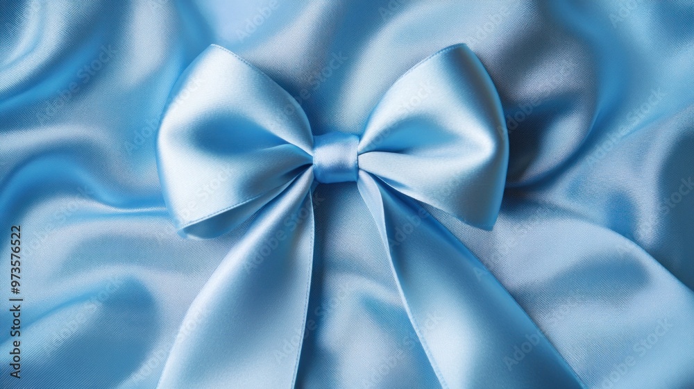 Close-up of a light blue satin bow with the fabric folded in the background. Close-up of a light blue satin bow with the fabric folded in the background.
