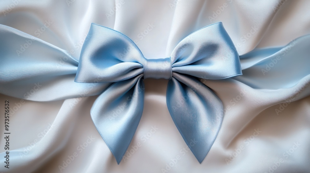 A blue satin ribbon tied into a bow on a white background. A blue satin ribbon tied into a bow on a white background.