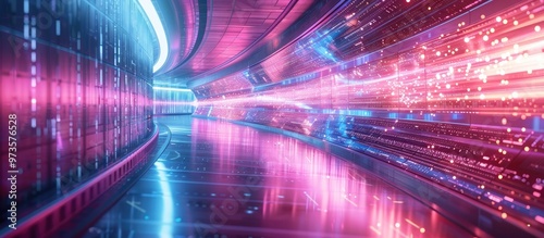 Mesmerizing abstract scene of a dazzling futuristic tunnel filled with swirling glowing energy and motion  Vibrant neon lights laser like illumination photo