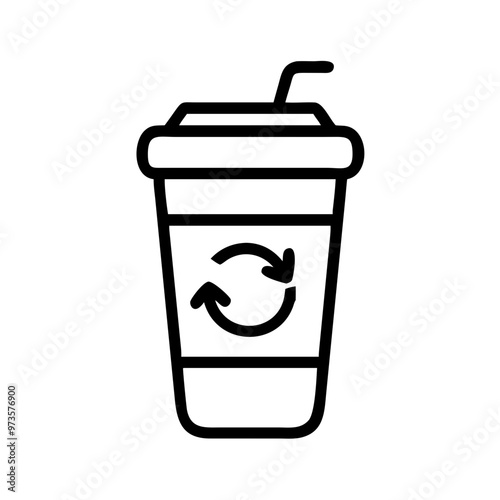 Reusable coffee cup with recycling symbol and straw on white background