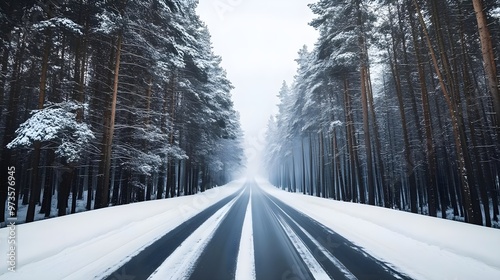 A serene winter road winding through a snowy forest, evoking calmness and solitude in a pristine natural environment. photo