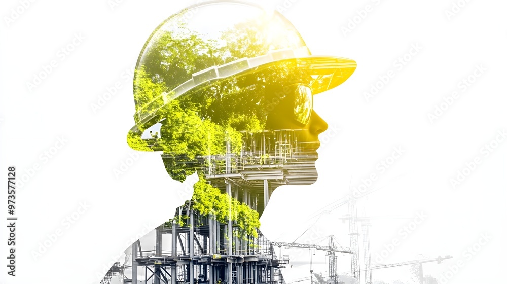 A silhouette of an engineer wearing a helmet with an overlay of nature, representing environmental harmony in construction. A silhouette of an engineer wearing a helmet with an overlay of nature, representing environmental harmony in construction.