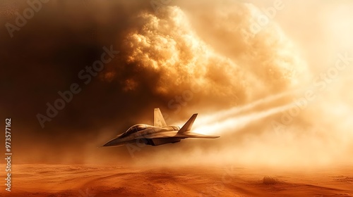 A sleek fighter jet soaring through a dusty landscape, with dramatic clouds in the background, showcasing power and speed. photo