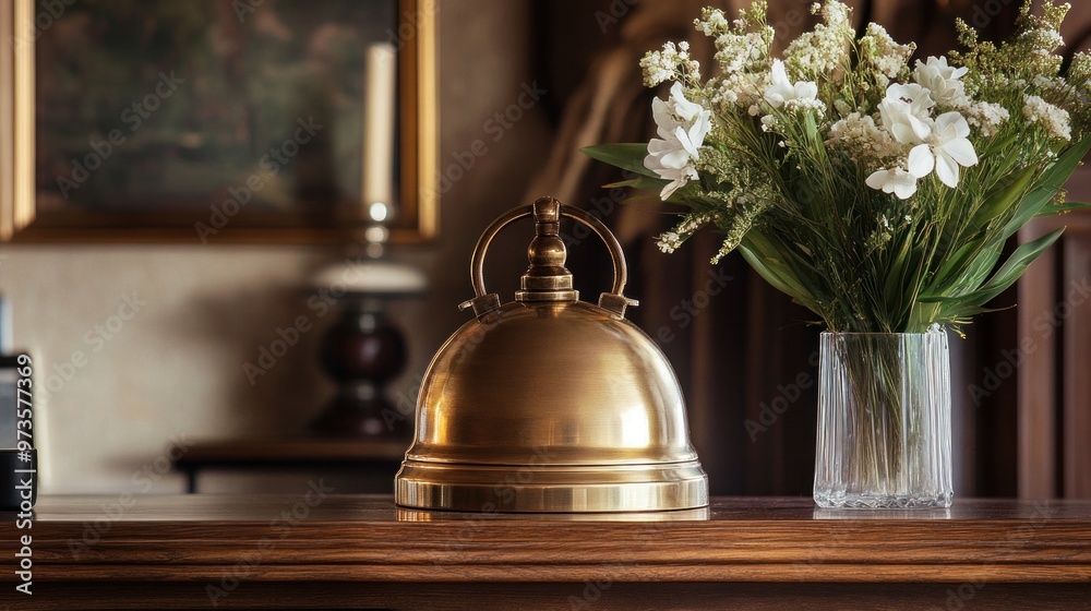 A gold service bell on a wooden counter with a vase of white flowers to the right. A gold service bell on a wooden counter with a vase of white flowers to the right.