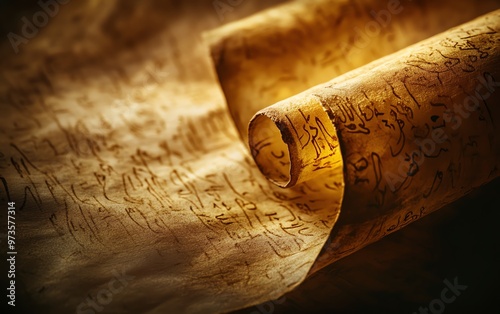 A low-angle macro photograph of an ancient scroll unfurling