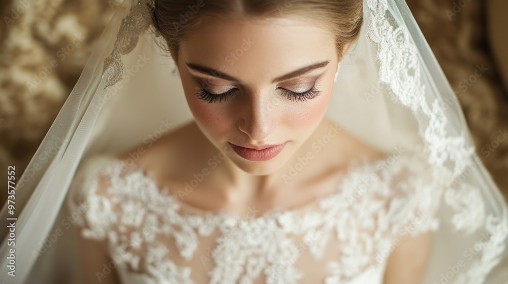 Close-up portrait of a beautiful bride wearing a veil and a lace dress. She is looking down with her eyes closed. Close-up portrait of a beautiful bride wearing a veil and a lace dress. She is looking down with her eyes closed.