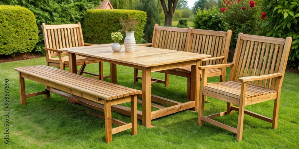 Obraz premium Wooden garden furniture set including table, chairs, and bench , outdoor, patio, backyard, wood, natural, rustic, deck