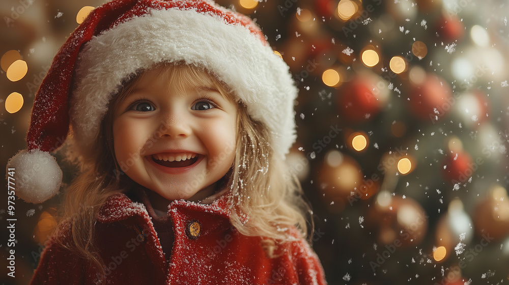 happy girl laughing with a christmas hat and christmas tree with warm lights and ornaments