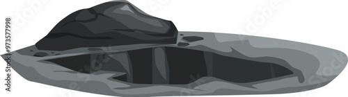 Big black rock falling into water creating hole on surface isolated on white background