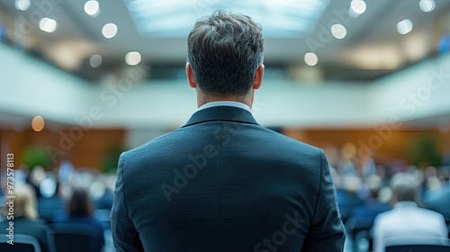 Rear view of a businessman in a suit. Perfect for illustrating business, leadership, or conference themes.