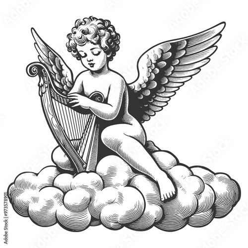 cherub angel with wings playing a harp while sitting on a cloud, styled in a vintage design sketch engraving generative ai vector illustration. Scratch board imitation. Black and white image.