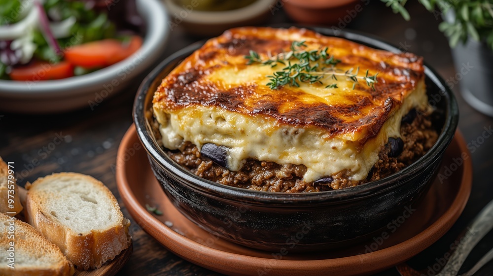Delicious greek moussaka served with fresh salad and bread Delicious greek moussaka served with fresh salad and bread