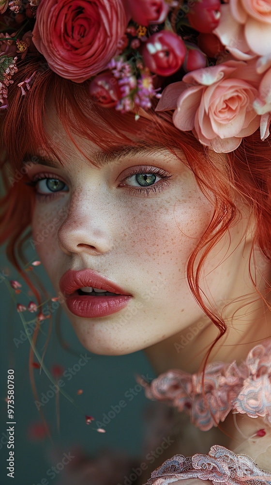 Close-up Portrait of a Woman with Red Hair and a Floral Crown Close-up Portrait of a Woman with Red Hair and a Floral Crown