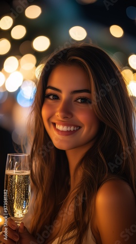 Beautiful Woman Smiling and Holding a Champagne Glass During New Year's Celebration with Bokeh Lights in the Background photo