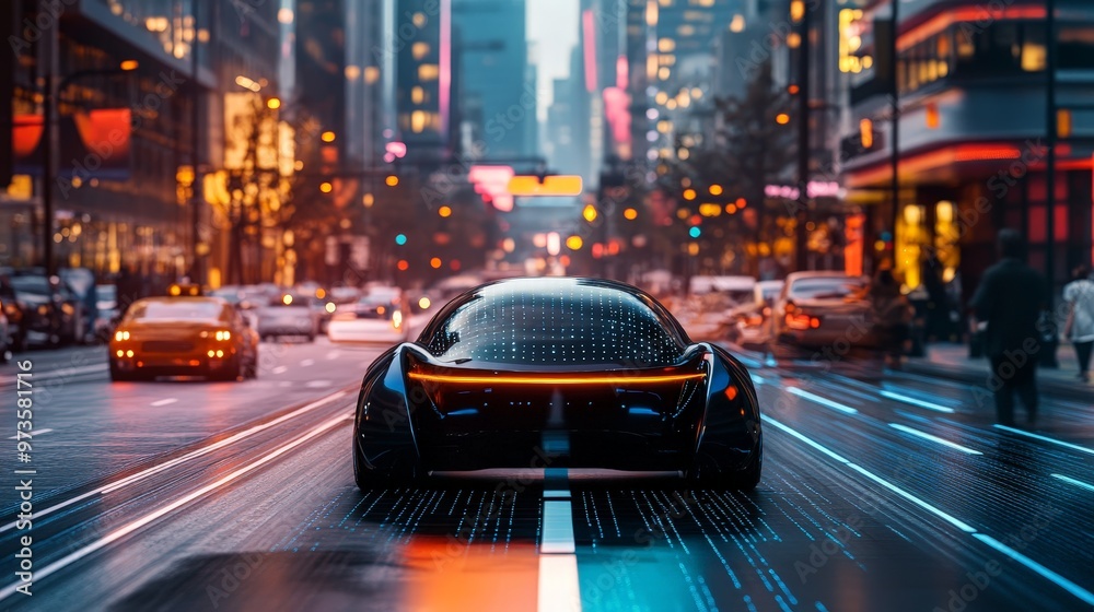 An image of a self-driving car navigating a city street with advanced sensors and cameras. An image of a self-driving car navigating a city street with advanced sensors and cameras.