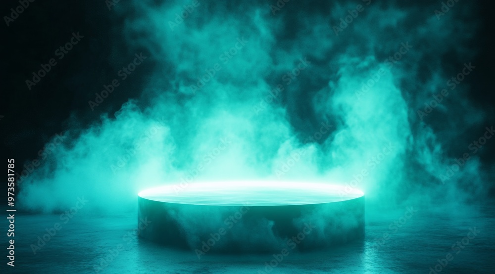 Empty neon platform surrounded by dark teal smoke with a glowing outline, ready for product display on a dramatic dark background. Empty neon platform surrounded by dark teal smoke with a glowing outline, ready for product display on a dramatic dark background.