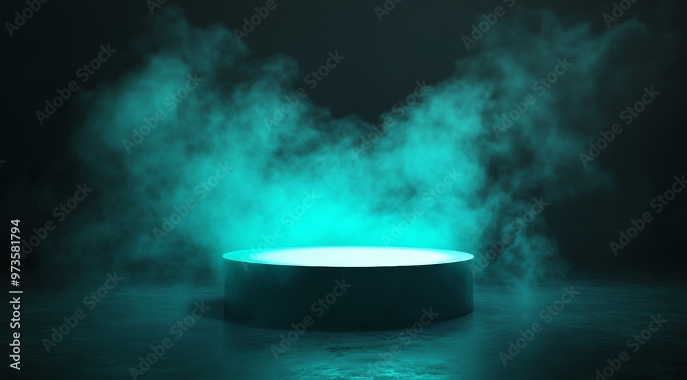 Empty neon platform surrounded by dark teal smoke with a glowing outline, ready for product display on a dramatic dark background. Empty neon platform surrounded by dark teal smoke with a glowing outline, ready for product display on a dramatic dark background.