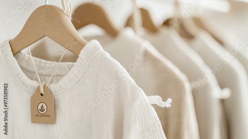 Organic Cotton Clothing on Hanger: Soft Fabric and Eco-Friendly Tags Highlight Sustainable Fashion Choices with Clean, Modern Aesthetic, Perfect for Green Lifestyle Promotions photo