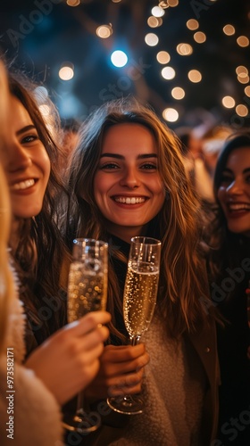 A Group of Joyful Friends Celebrating New Year's Eve, Raising Champagne Glasses for Cheers at Midnight, Surrounded by Bokeh Lights.