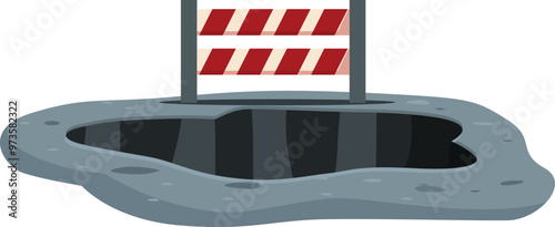 Big hole is appearing on the road with a barrier signalling danger