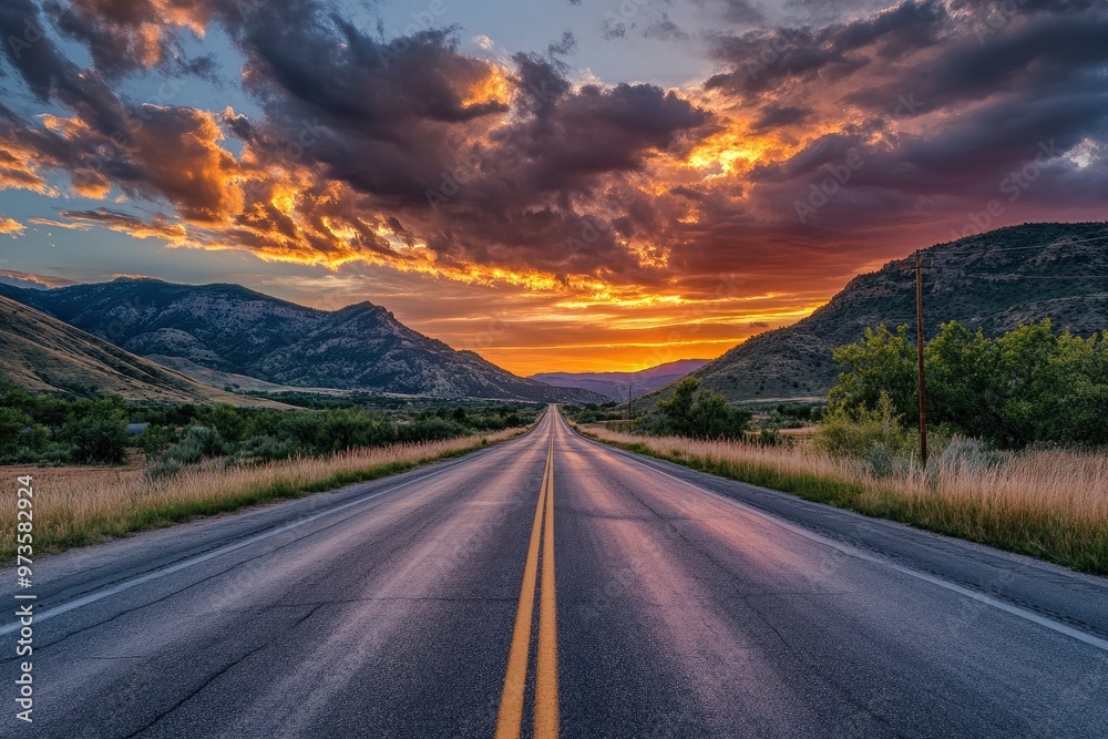 Asphalt highway road and mountain with sky clouds at sunset , ai Asphalt highway road and mountain with sky clouds at sunset , ai