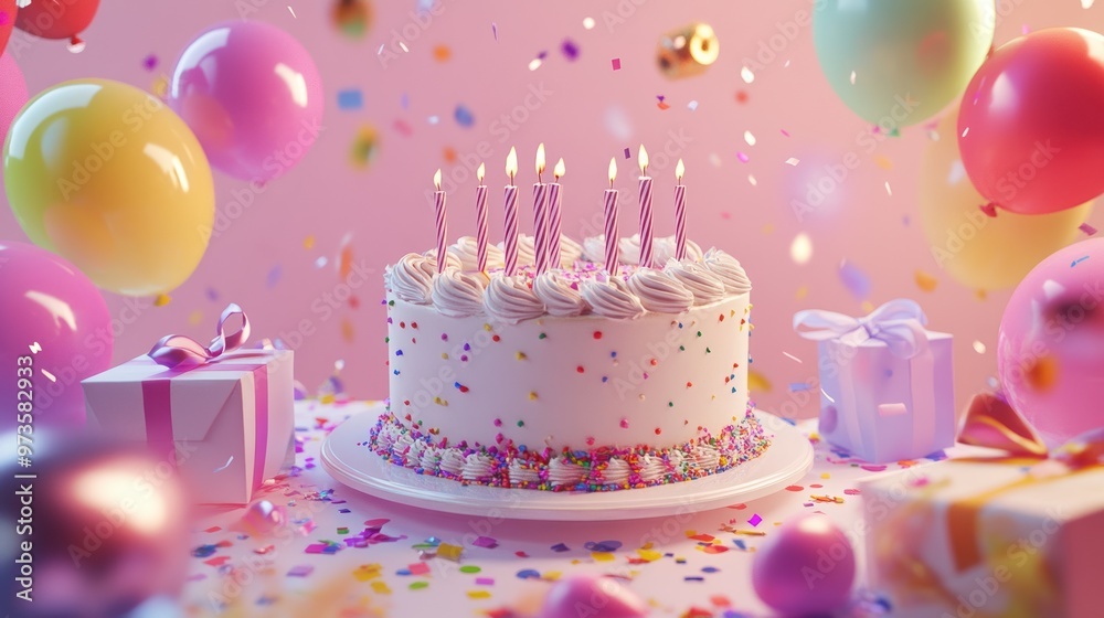 Birthday cake with candles surrounded by colorful balloons and confetti. Birthday cake with candles surrounded by colorful balloons and confetti.