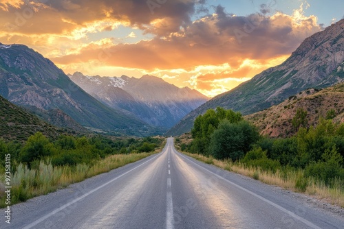 Asphalt highway road and mountain with sky clouds at sunset, ai