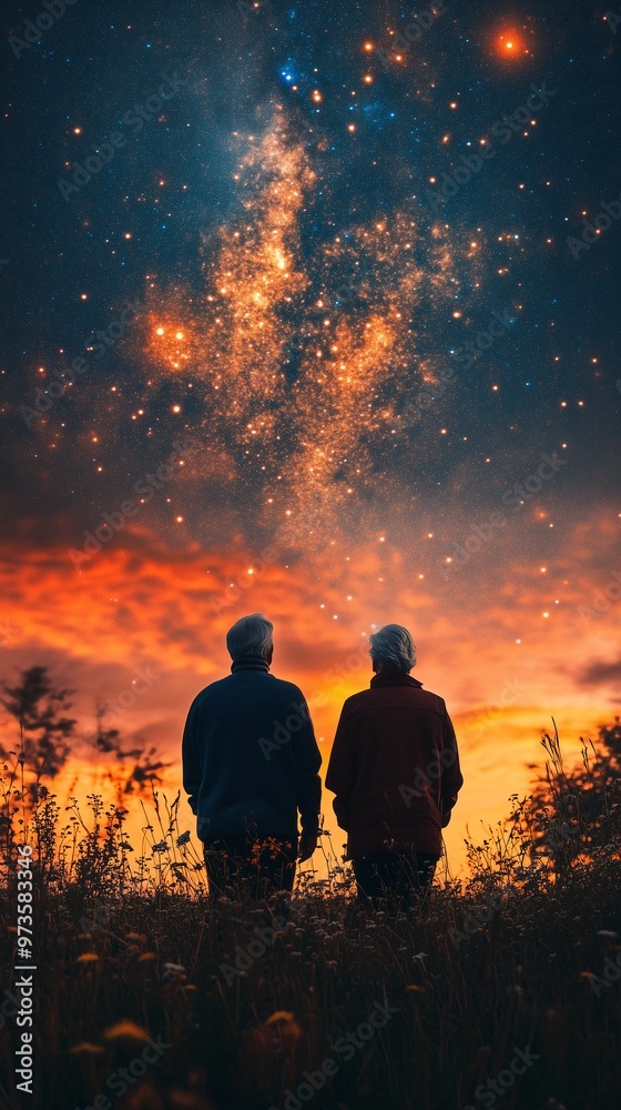 Fototapeta premium Rear View of an Elderly Couple Watching the Night Sky.