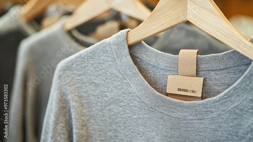 Organic Cotton Clothing on Hanger: Soft Fabric and Eco-Friendly Tags Highlight Sustainable Fashion Choices with Clean, Modern Aesthetic, Perfect for Green Lifestyle Promotions photo