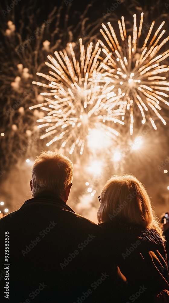 Elderly Couple Watching Fireworks Display Romanticly Amidst the New Year's Eve Celebration Crowd Elderly Couple Watching Fireworks Display Romanticly Amidst the New Year's Eve Celebration Crowd