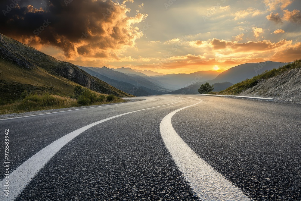 Asphalt highway road and mountain with sky clouds at sunset, ai Asphalt highway road and mountain with sky clouds at sunset, ai