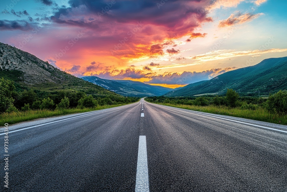 Asphalt highway road and mountain with sky clouds at sunset, ai Asphalt highway road and mountain with sky clouds at sunset, ai