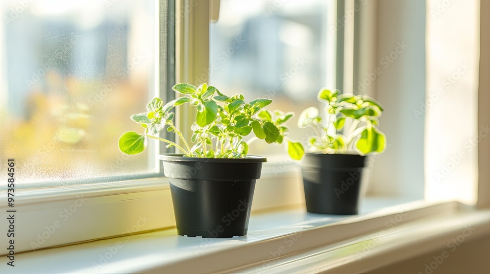 Fresh Potted Herbs on a Windowsill: Vibrant Green Leaves and Natural Light Highlight a Cozy and Inviting Home Garden Space with Room for Text Fresh Potted Herbs on a Windowsill: Vibrant Green Leaves and Natural Light Highlight a Cozy and Inviting Home Garden Space with Room for Text