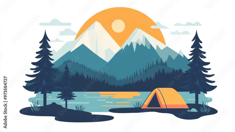 Fototapeta premium Serene Mountain Camping Scene in Minimal Flat Design
