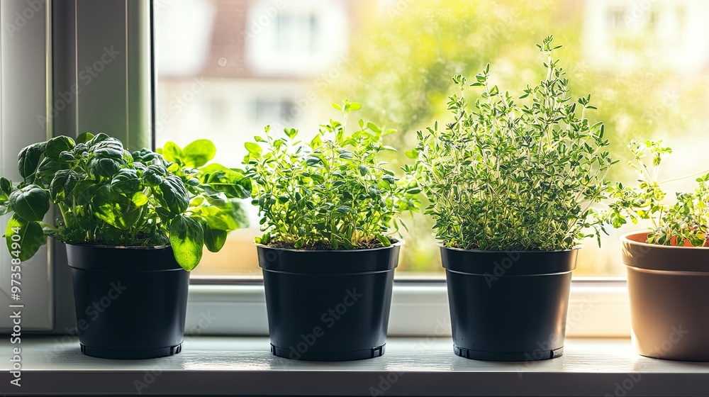 Fresh Potted Herbs on a Windowsill: Vibrant Green Leaves and Natural Light Highlight a Cozy and Inviting Home Garden Space with Room for Text Fresh Potted Herbs on a Windowsill: Vibrant Green Leaves and Natural Light Highlight a Cozy and Inviting Home Garden Space with Room for Text