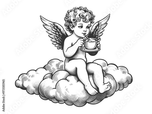 cherub cupid sitting on a cloud, sipping coffee, with wings spread and a whimsical, relaxed vibe sketch engraving generative ai vector illustration. Scratch board imitation. Black and white image.