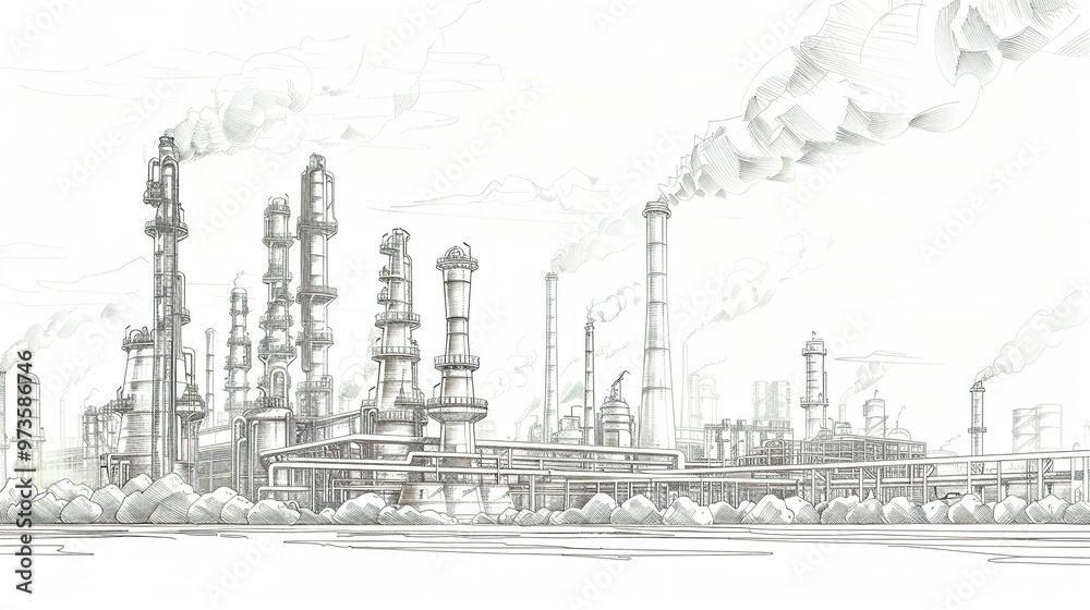 Pencil Sketch of an Industrial Factory Complex with Tall Smoke Stacks Pencil Sketch of an Industrial Factory Complex with Tall Smoke Stacks
