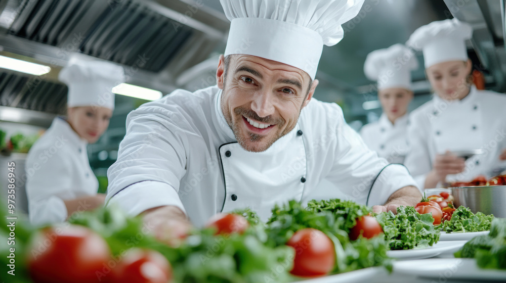 A chef in a kitchen with other chefs and vegetables, AI A chef in a kitchen with other chefs and vegetables, AI