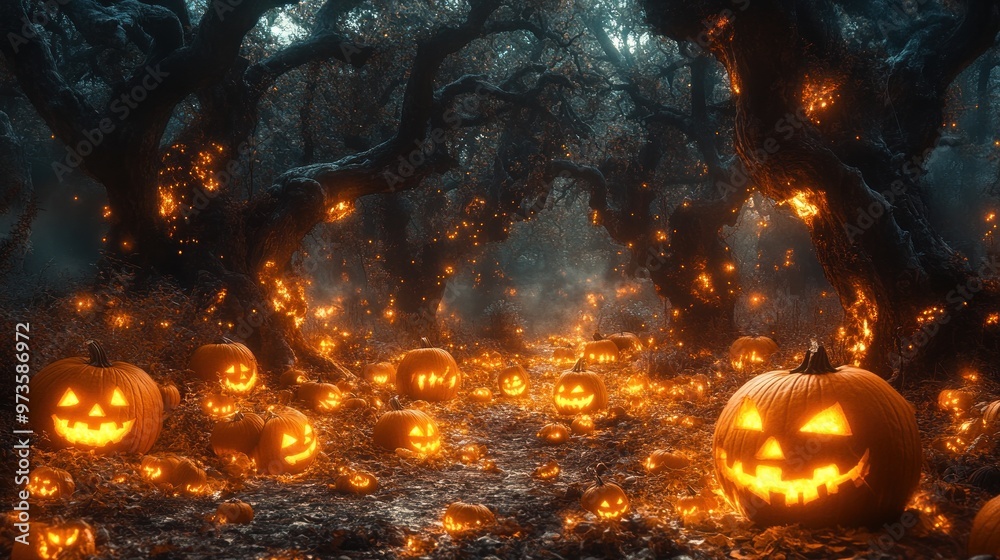 Enchanted forest with glowing jack-o'-lanterns for Halloween. Enchanted forest with glowing jack-o'-lanterns for Halloween.