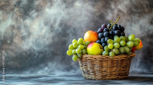 Seasonal Fruits Beautifully Arranged in a Wicker Basket: Emphasizing Ripeness and Natural Beauty with Ample Space for Text photo