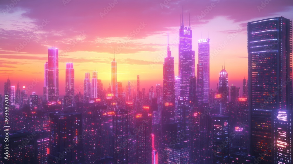 Obraz premium A futuristic city skyline with skyscrapers illuminated by neon lights at sunset.