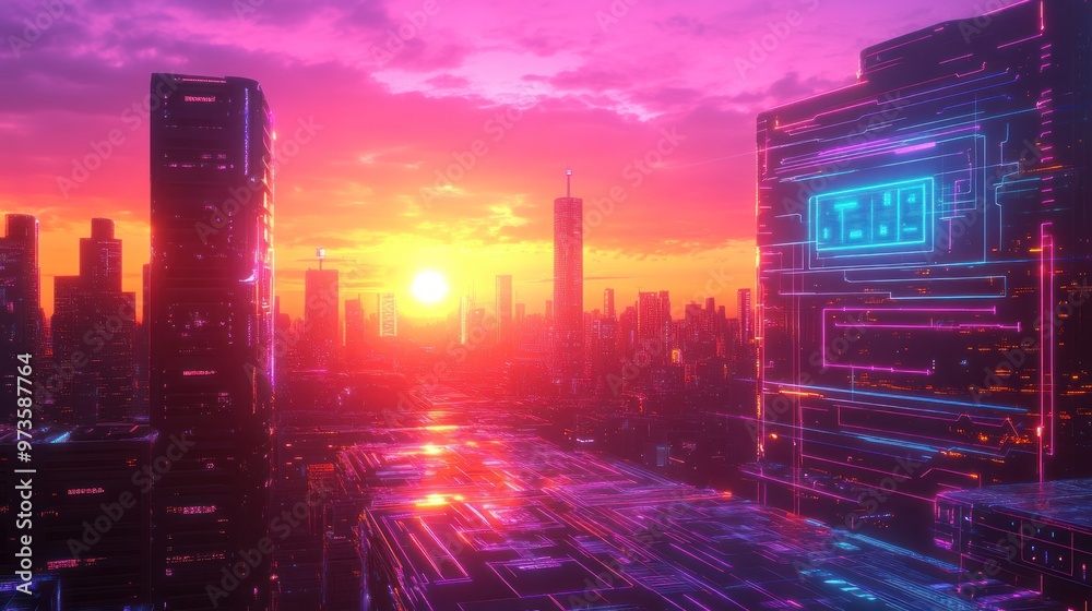 Fototapeta premium Futuristic cityscape with neon lights at sunset.