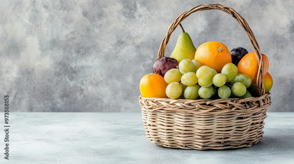 Seasonal Fruits Beautifully Arranged in a Wicker Basket: Emphasizing Ripeness and Natural Beauty with Ample Space for Text Seasonal Fruits Beautifully Arranged in a Wicker Basket: Emphasizing Ripeness and Natural Beauty with Ample Space for Text