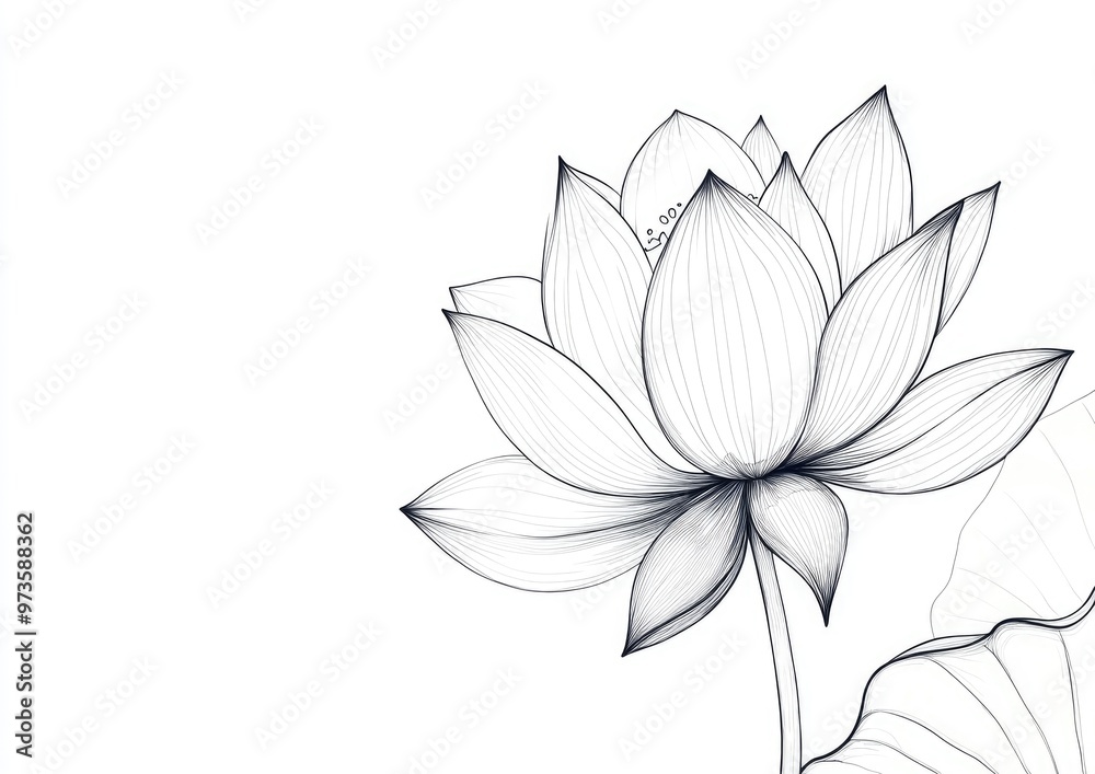 Line art illustration of a black outline lotus flower on a white background Line art illustration of a black outline lotus flower on a white background