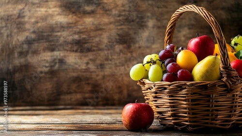 Seasonal Fruits Beautifully Arranged in a Wicker Basket: Emphasizing Ripeness and Natural Beauty with Ample Space for Text photo