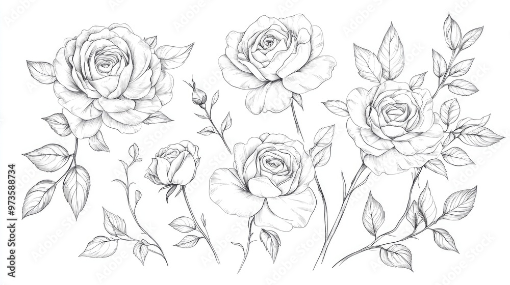 Line Art of Rose Flowers Floral Bouquets and Frames Hand Drawn Fine Line Illustrations of Roses Leaves and Botanical Elements Coloring Page Featuring Isolated Peony Roses Line Art of Rose Flowers Floral Bouquets and Frames Hand Drawn Fine Line Illustrations of Roses Leaves and Botanical Elements Coloring Page Featuring Isolated Peony Roses